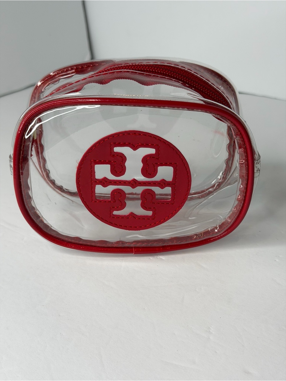 Tory Burch Clear Cosmetic Pouch with Red Trim and Logo